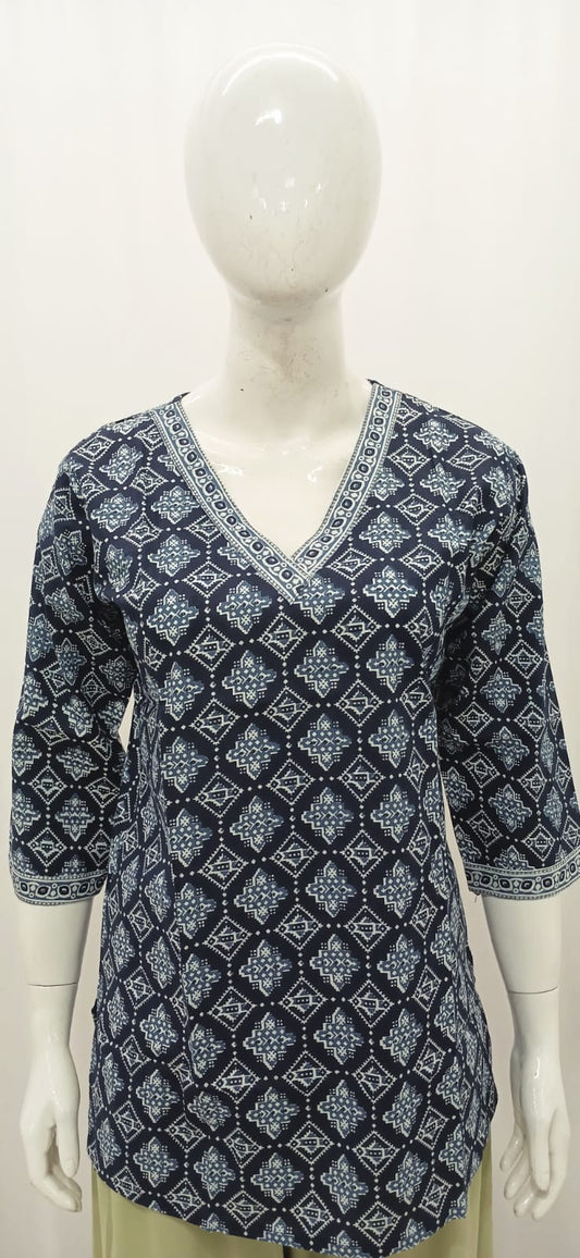 Indigo Blue Geometric Block Print Short Kurti