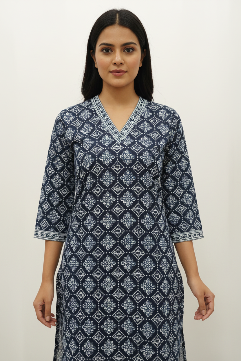 Indigo Blue Geometric Block Print Short Kurti