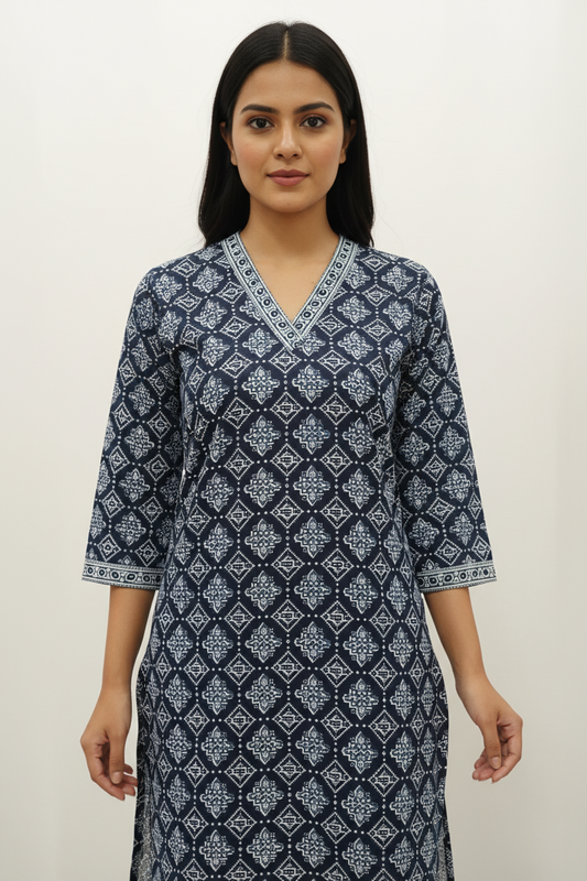 Indigo Blue Geometric Block Print Short Kurti