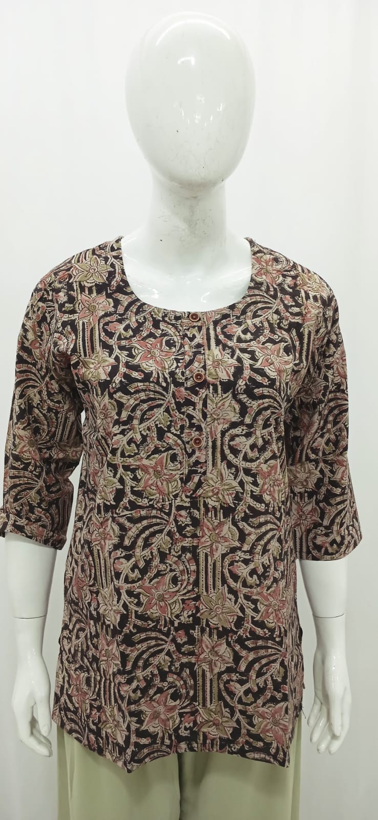 Earthy Charcoal & Madder Red Kalamkari Block Print Short Kurti