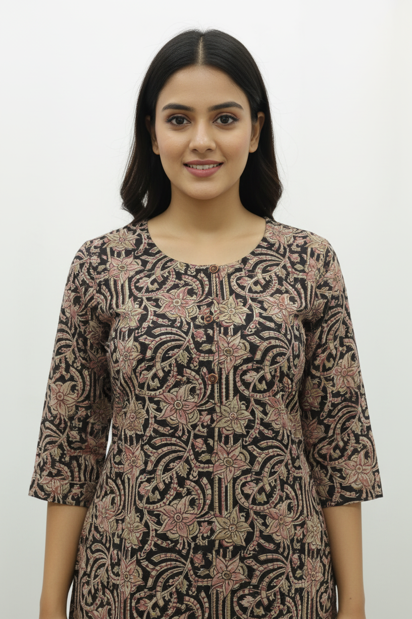 Earthy Charcoal & Madder Red Kalamkari Block Print Short Kurti