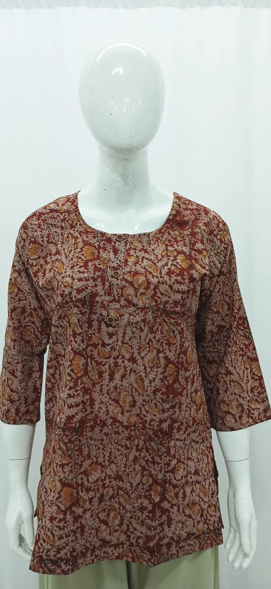 Earthy Rust Red Kalamkari-Inspired Block Print Short Kurti