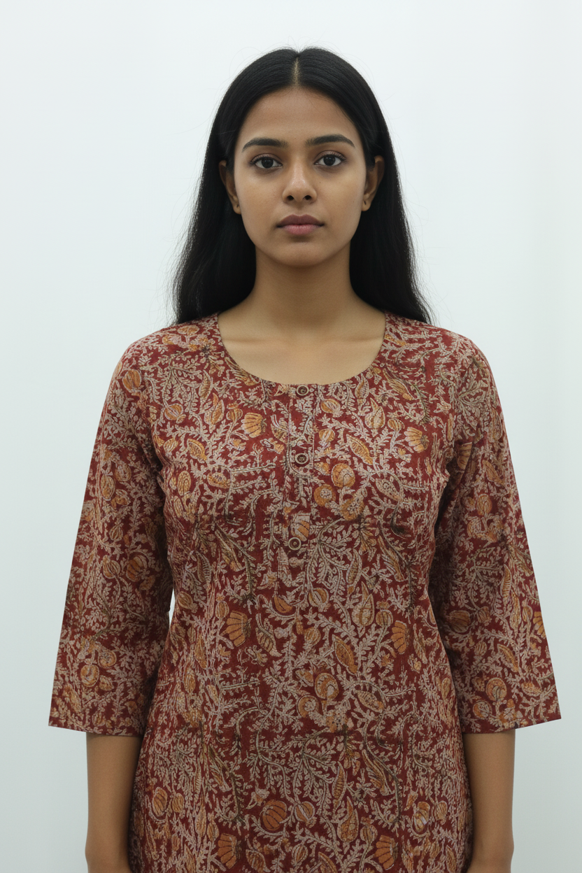Earthy Rust Red Kalamkari-Inspired Block Print Short Kurti