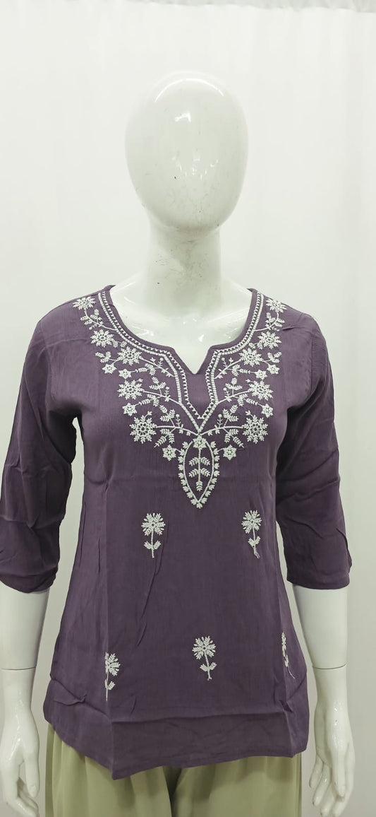 Dusty Mauve Floral Embroidered Short Kurti