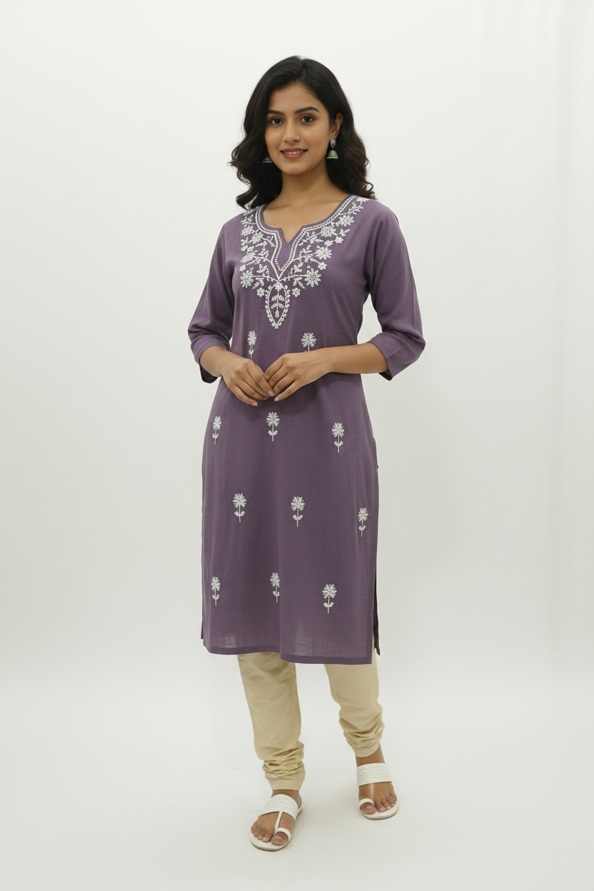 Dusty Mauve Floral Embroidered Short Kurti