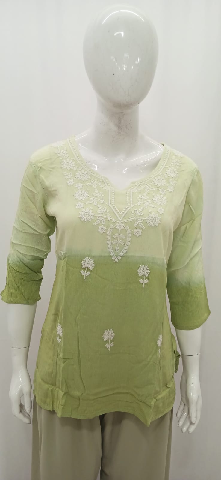 Ombre Lime & Olive Green Floral Embroidered Short Kurti