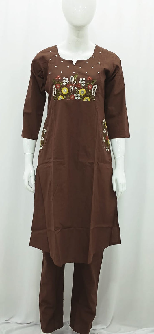 Rich Chocolate Brown Floral Embroidered Kurta Set with Pocket Details