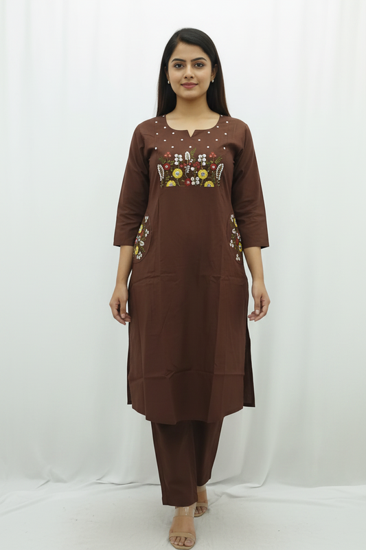 Rich Chocolate Brown Floral Embroidered Kurta Set with Pocket Details
