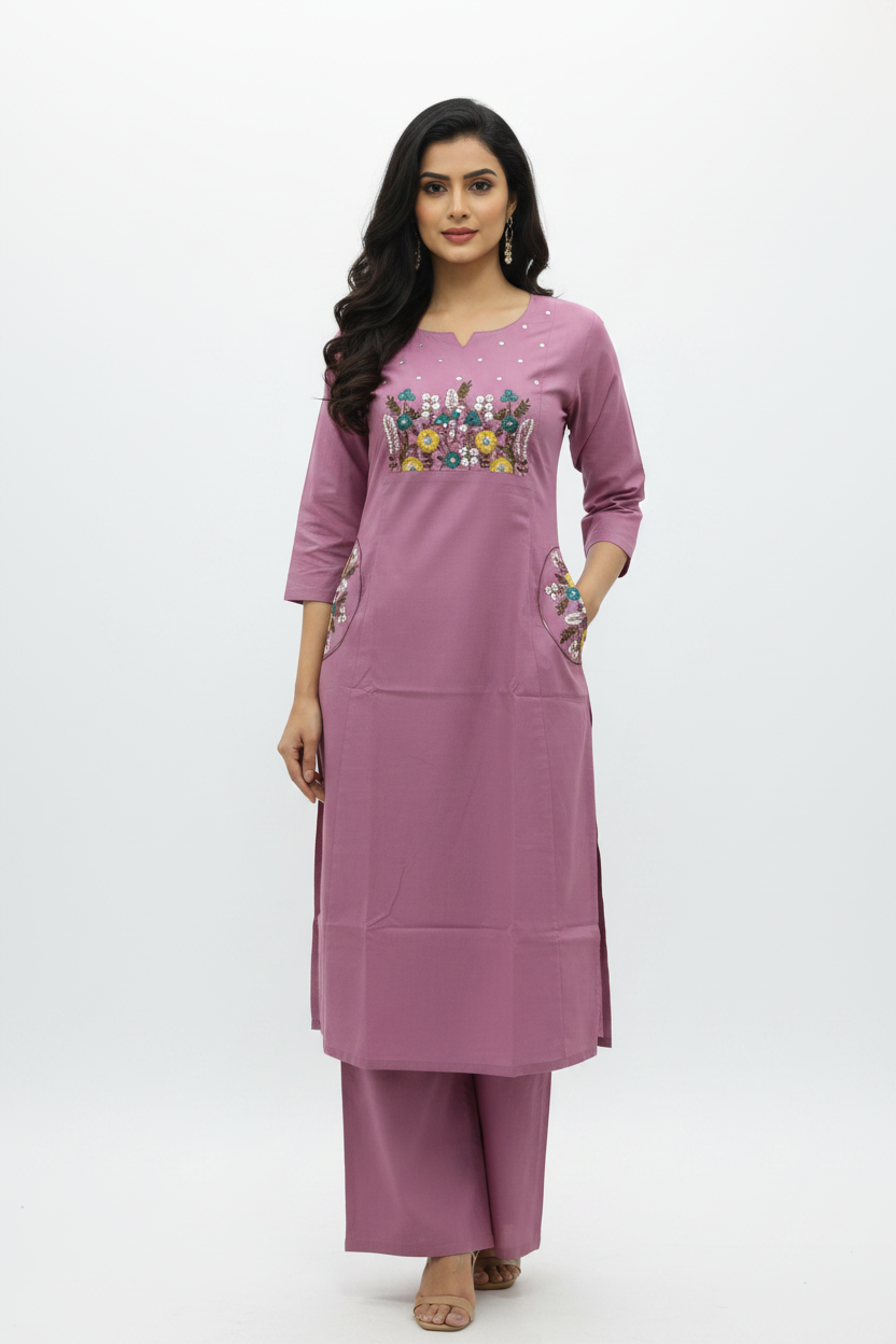 Dusty Mauve Floral Embroidered Kurta Set with Pocket Details
