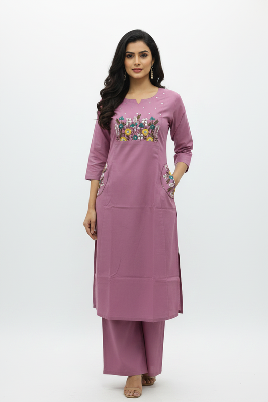 Dusty Mauve Floral Embroidered Kurta Set with Pocket Details