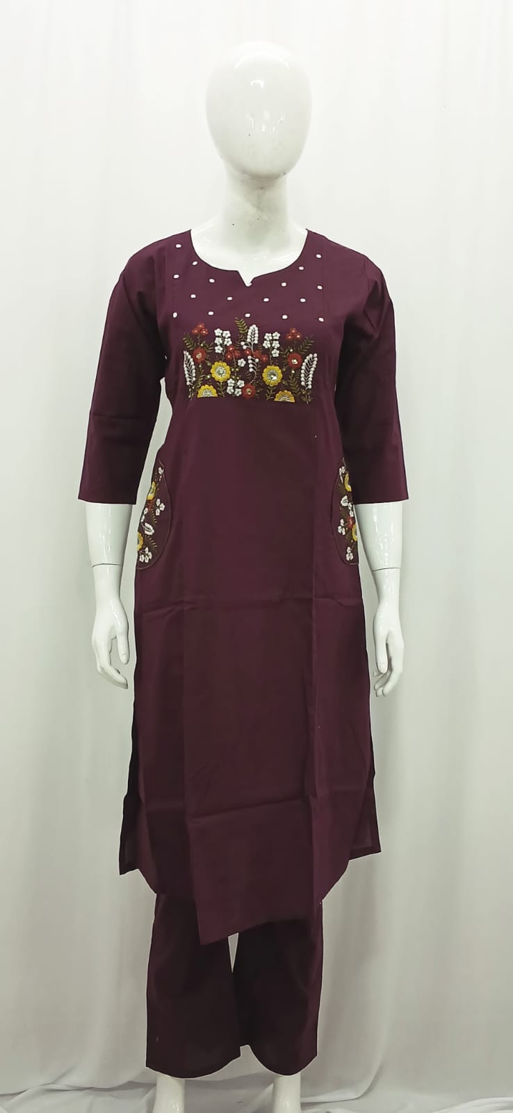 Deep Wine Floral Embroidered Kurta Set with Pocket Details