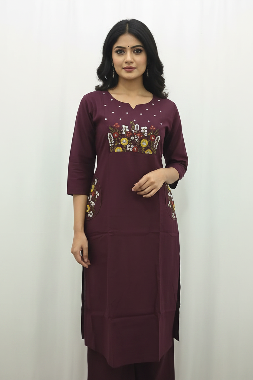 Deep Wine Floral Embroidered Kurta Set with Pocket Details