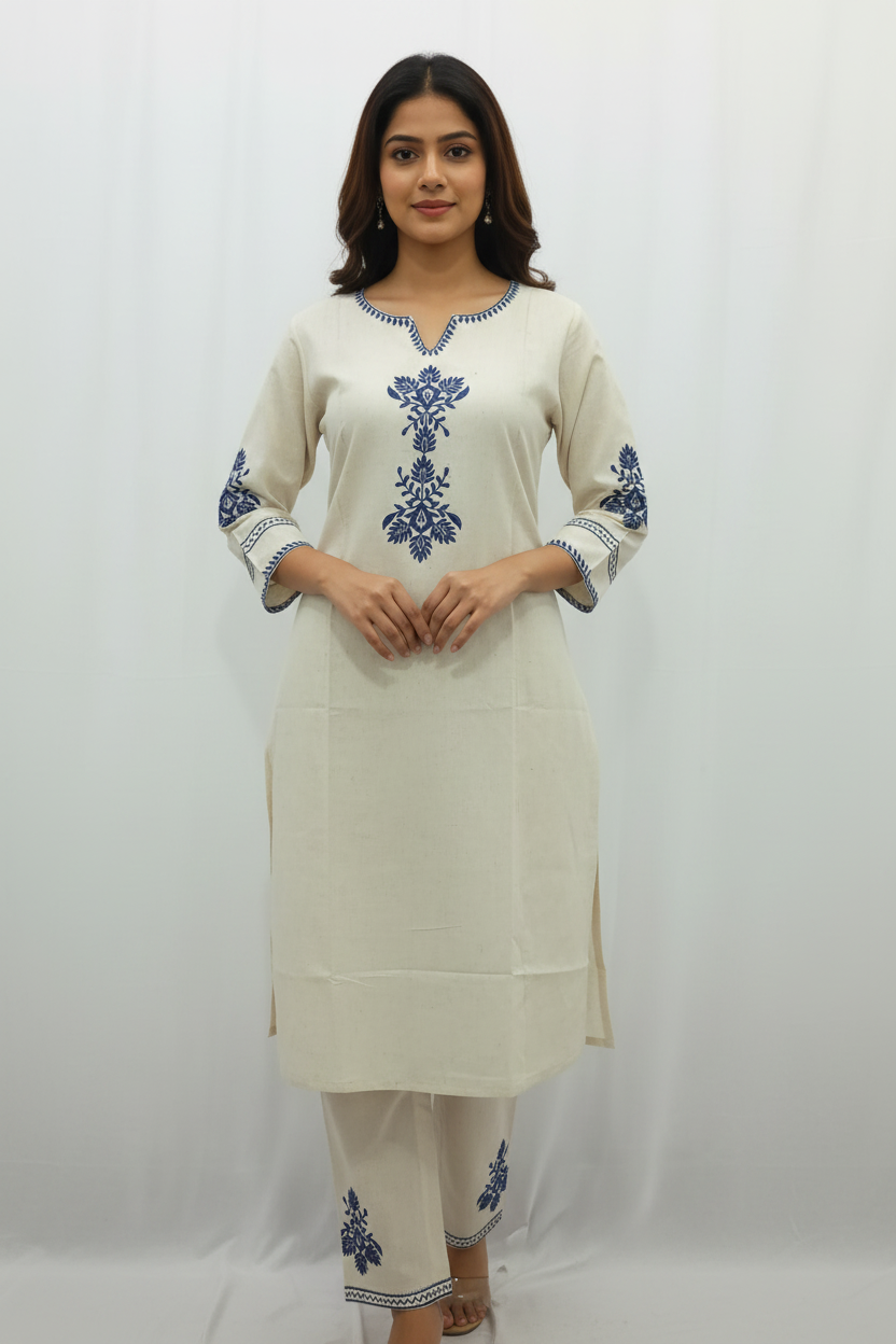 Elegant Beige Co-Ord Kurta Set with Navy Blue Embroidery