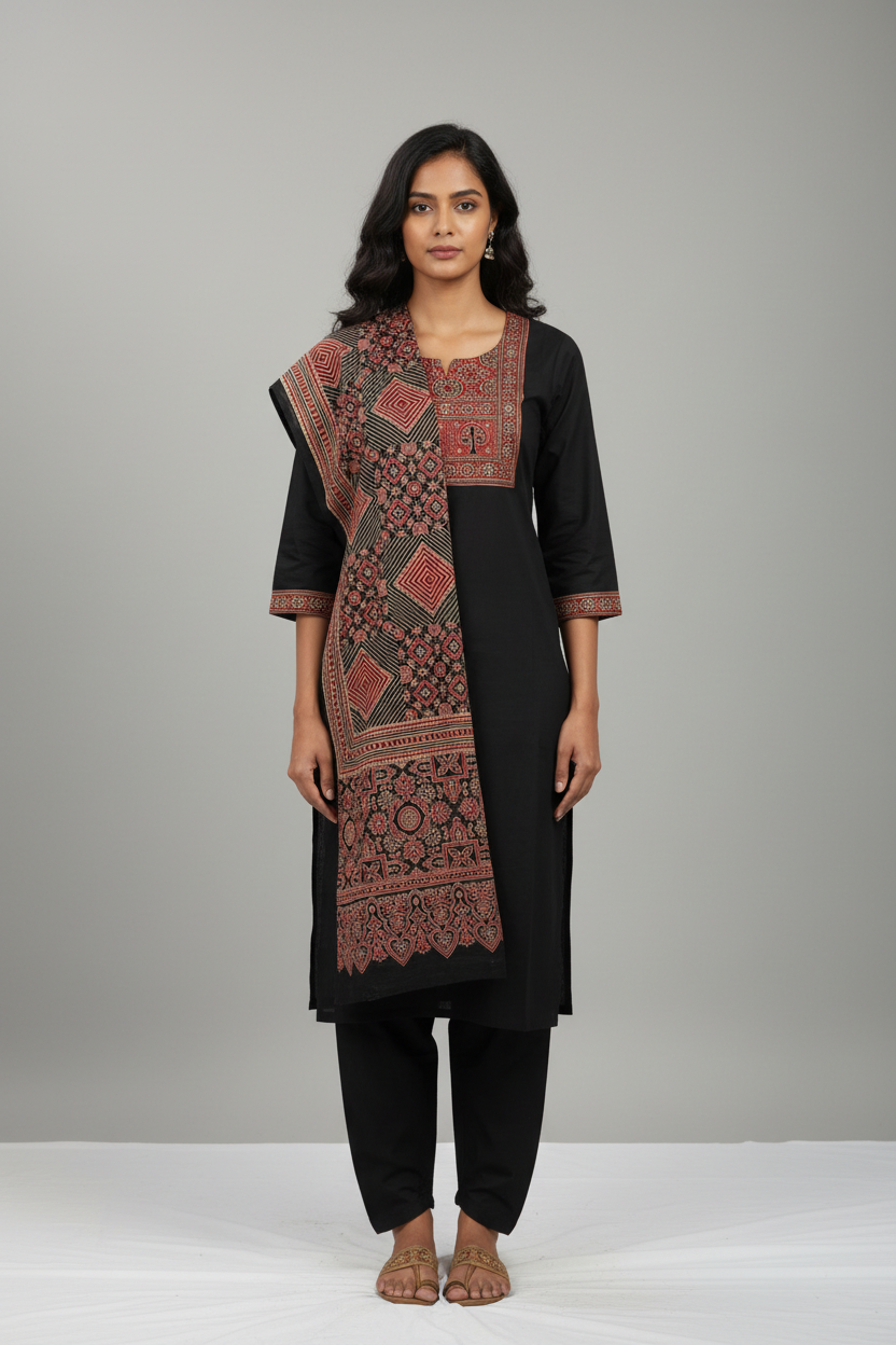 Timeless Black Ajrakh-Print 3-Piece Kurta Set