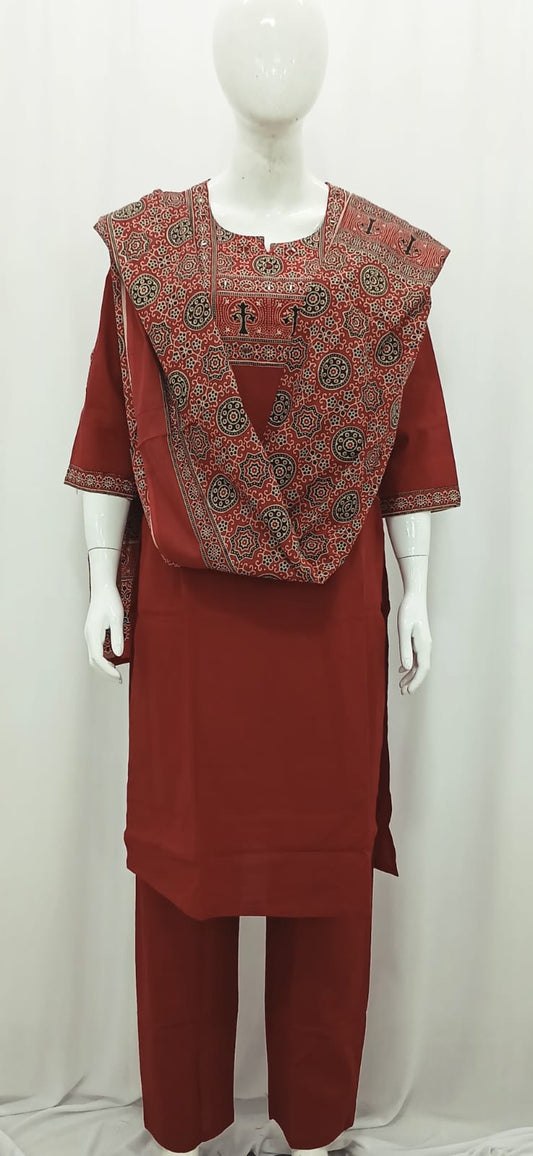 Traditional Maroon Ajrakh-Print 3-Piece Kurta Set
