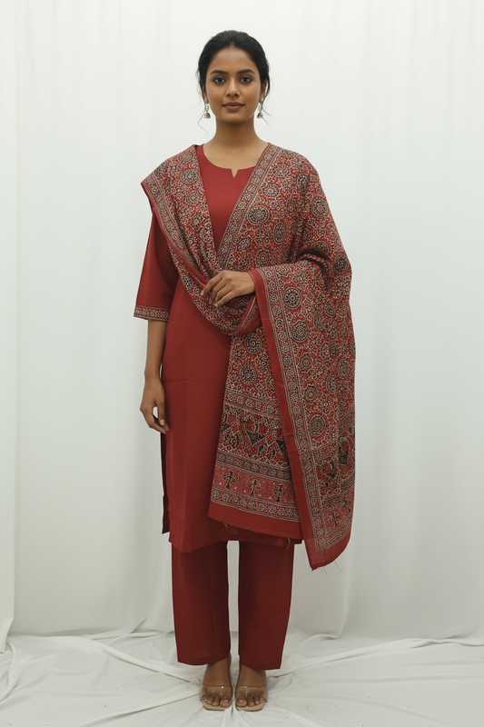 Traditional Maroon Ajrakh-Print 3-Piece Kurta Set