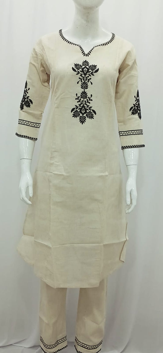 Elegant Beige Co-Ord Kurta Set with Black Floral Embroidery