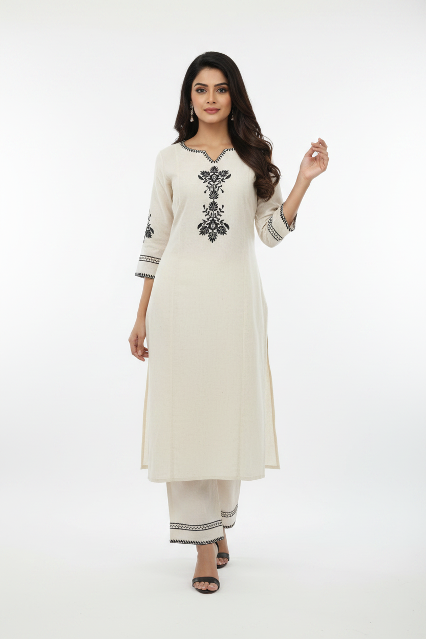 Elegant Beige Co-Ord Kurta Set with Black Floral Embroidery