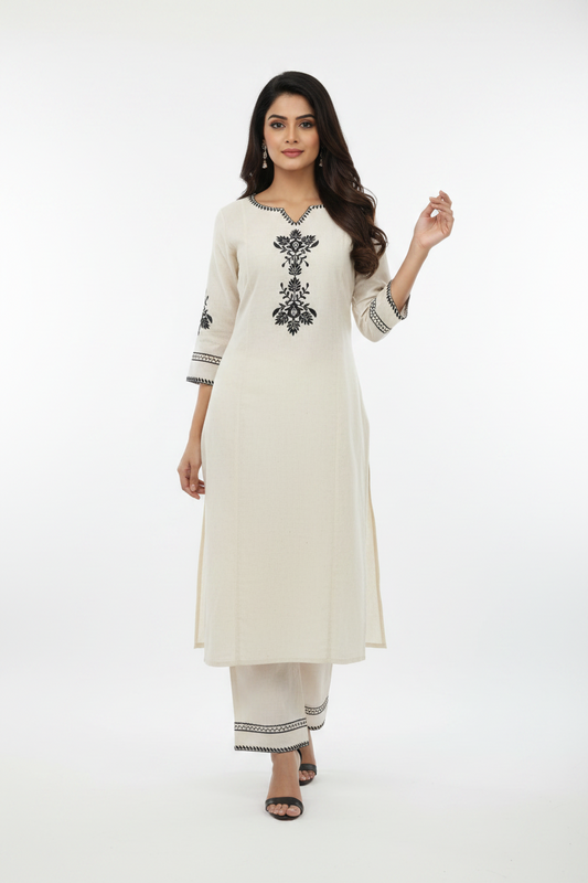 Elegant Beige Co-Ord Kurta Set with Black Floral Embroidery