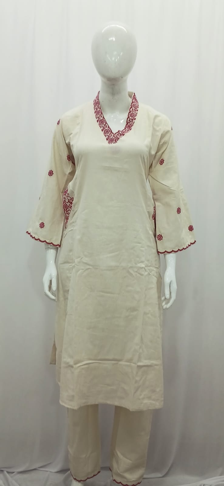 Minimalist Beige Co-Ord Kurta Set with Crimson Red Cutwork Embroidery