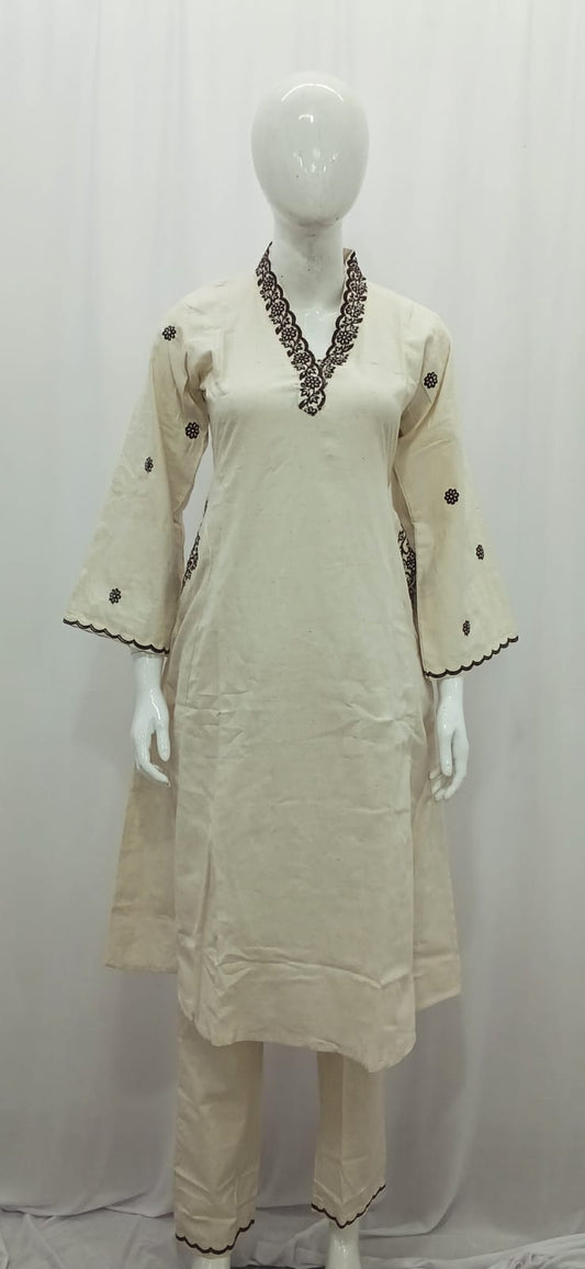 Minimalist Beige Co-Ord Kurta Set with Contrast Cutwork Embroidery