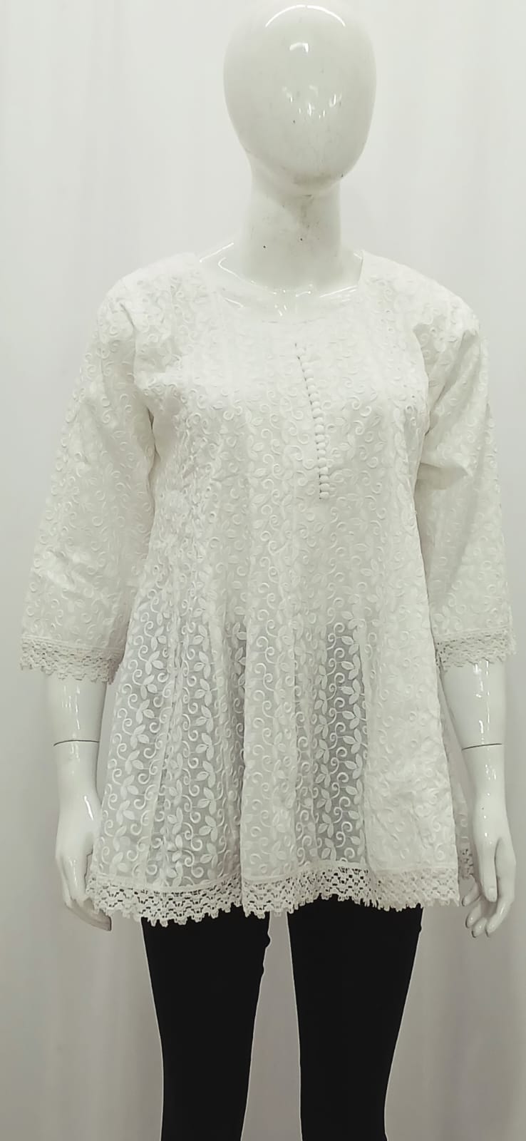Pristine White Chikankari-Inspired Flared Short Tunic