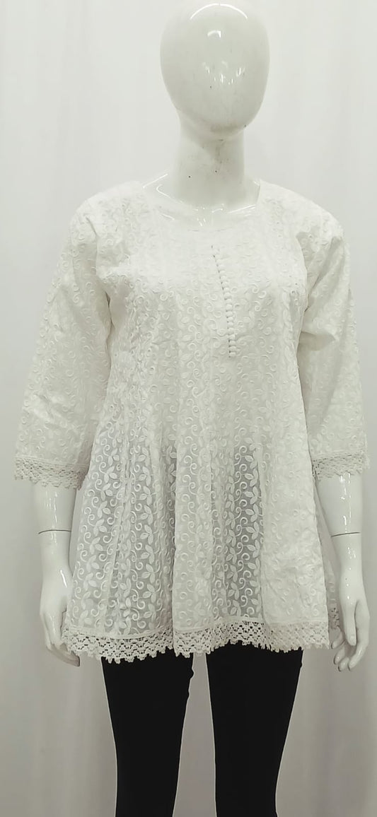 Pristine White Chikankari-Inspired Flared Short Tunic