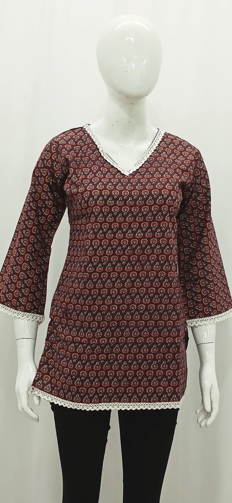 Deep Coffee Brown Block-Print Short Kurti with Lace Trims