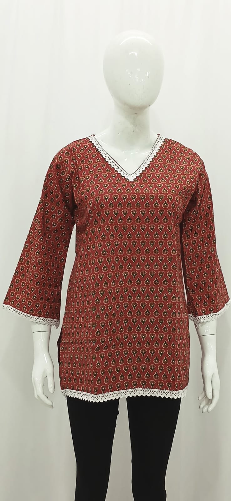 Earthy Maroon Block-Print Short Kurti with Lace Trims