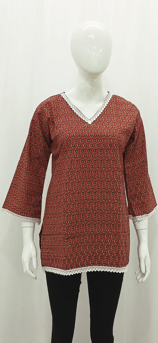 Earthy Maroon Block-Print Short Kurti with Lace Trims