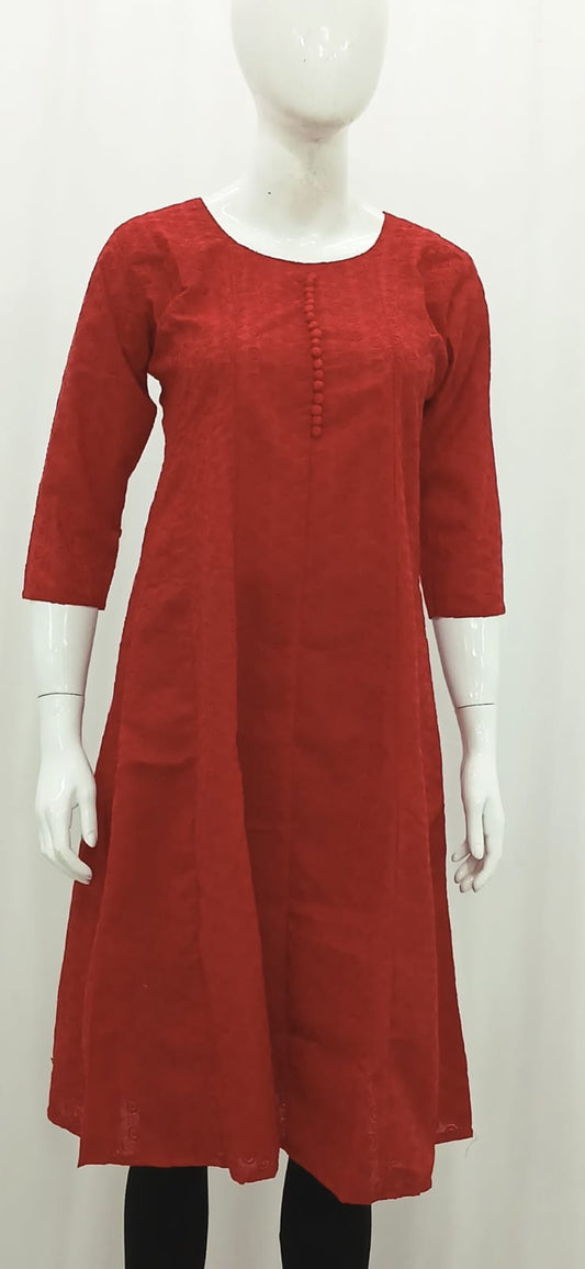 Classic Red Embroidered A-Line Kurti