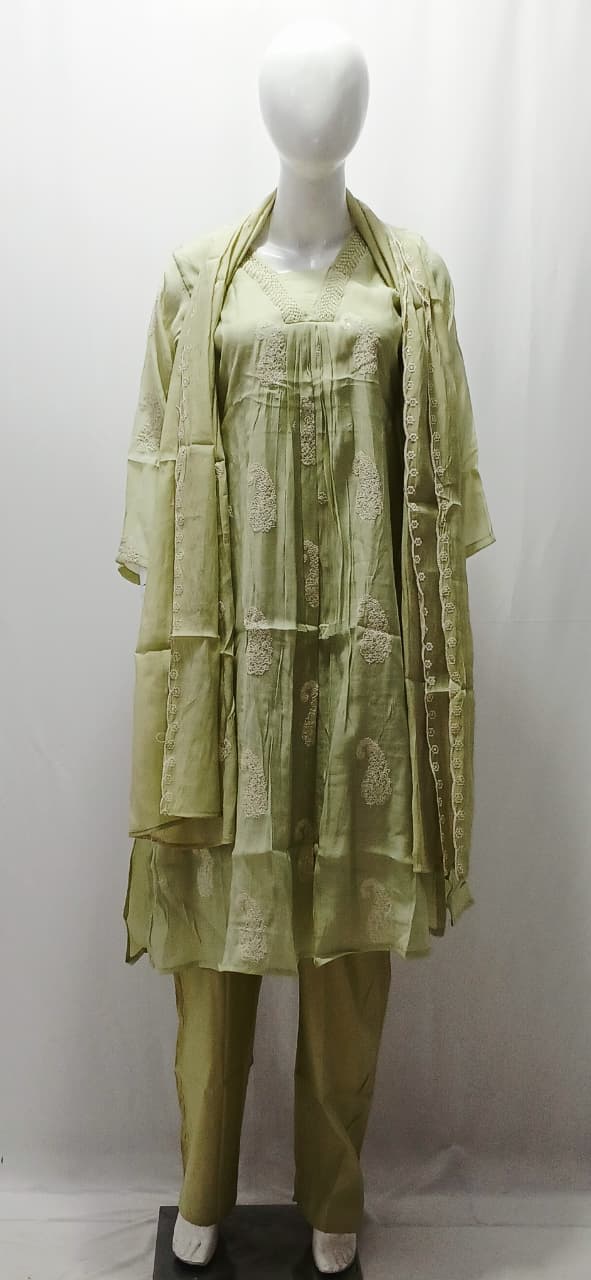Women's Pastel Green Hand Embroidered Kurta Set with Dupatta
