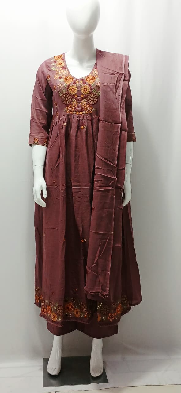 Women's Mauve Brown Floral Embroidered Anarkali Kurta Set with Dupatta