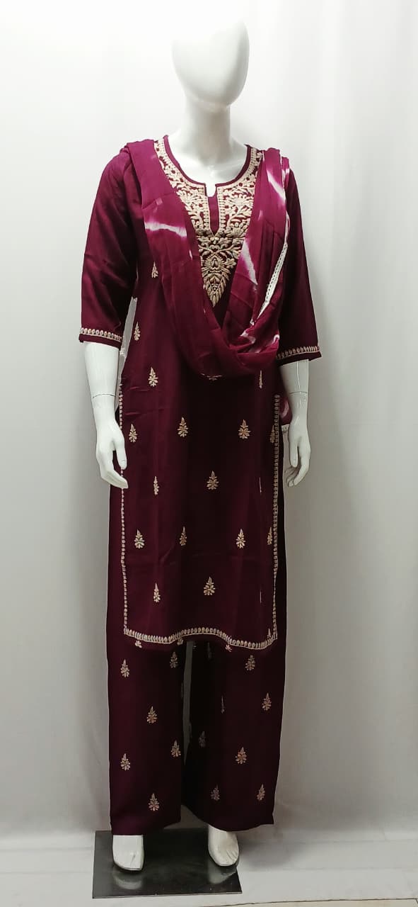 Women's Deep Wine Embroidered Chanderi Kurta Set with Tie-Dye Dupatta
