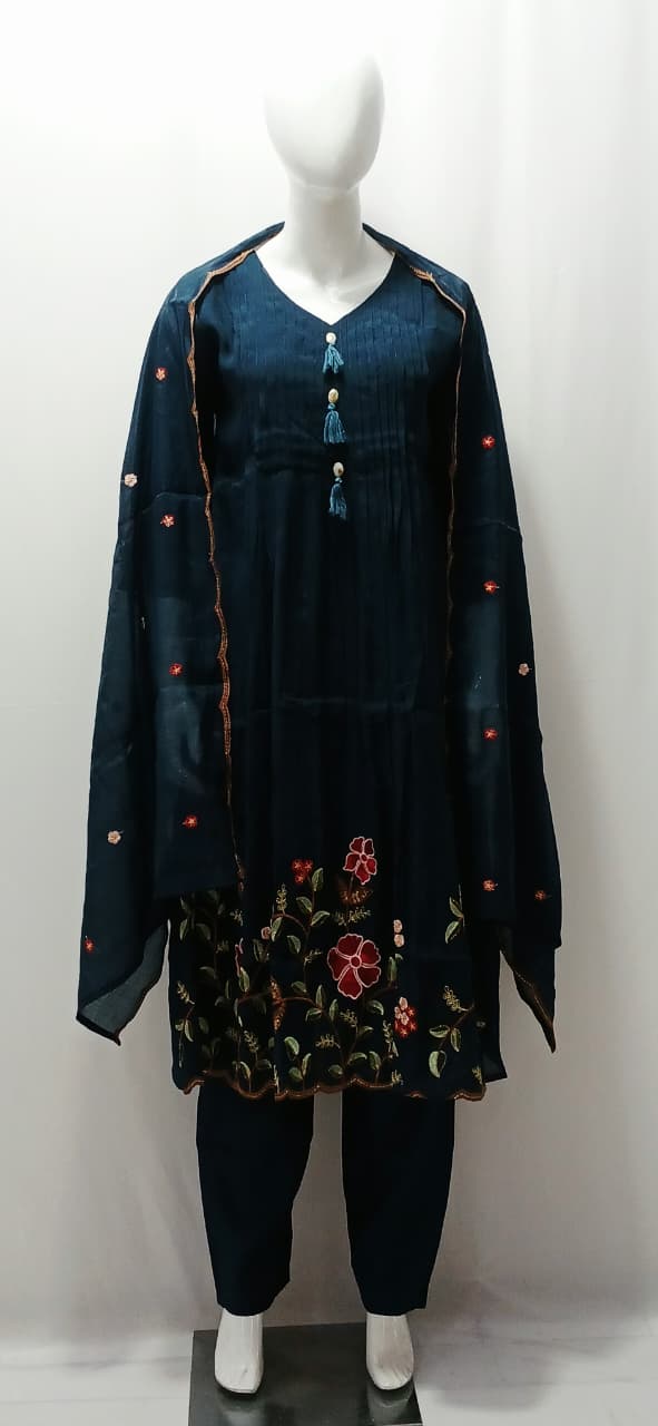 Women's Deep Teal Floral Embroidered Cotton Kurta Set with Tassels and Scalloped Dupatta