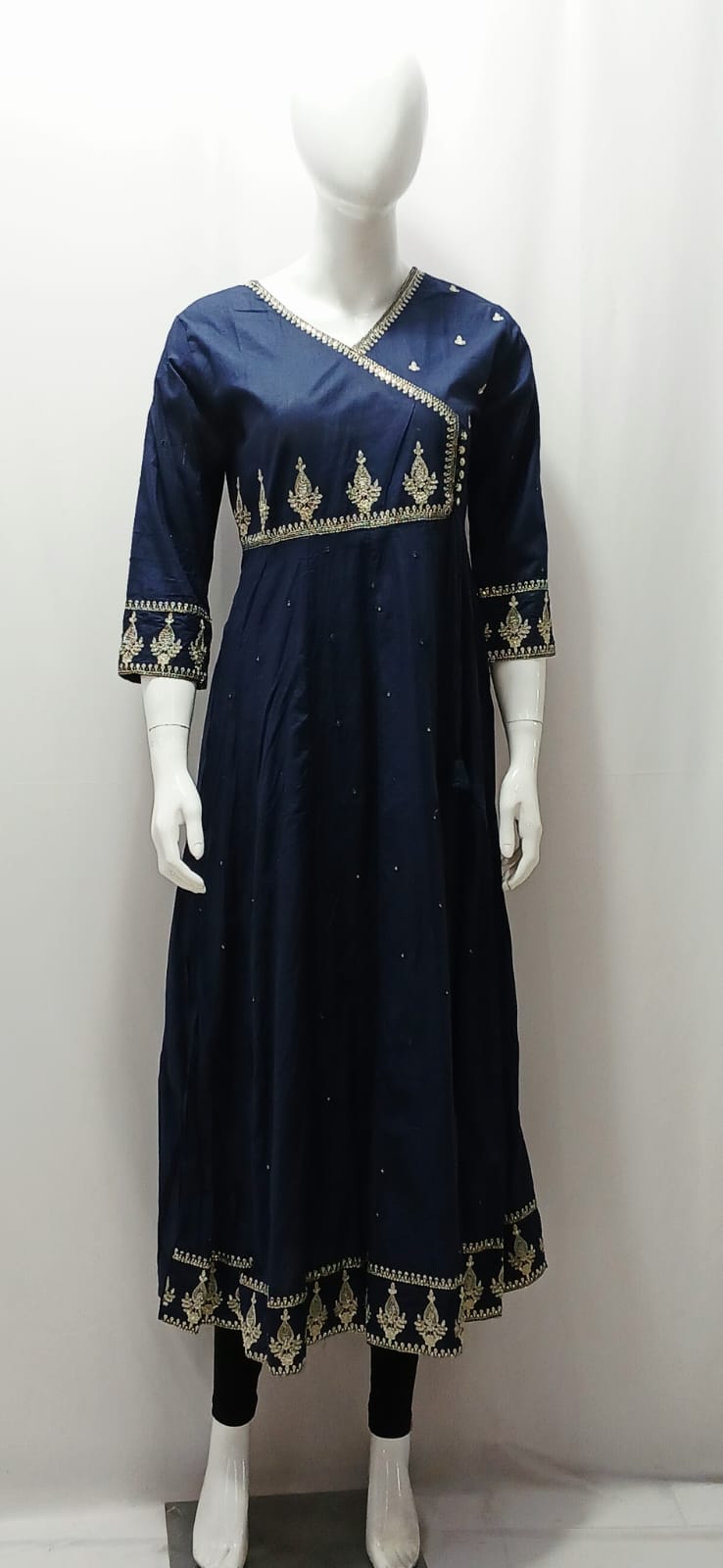Women's Navy Blue Embroidered Angrakha Style Anarkali Kurta