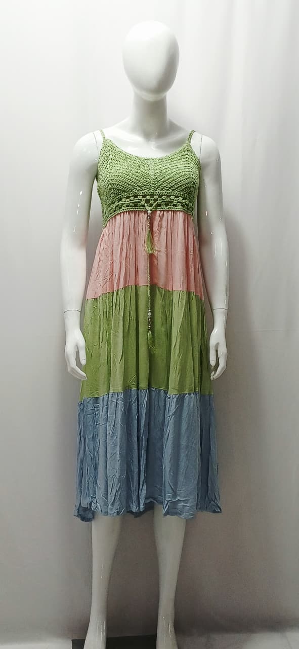 Women's Multi-Color Tiered Midi Dress with Crochet Bodice