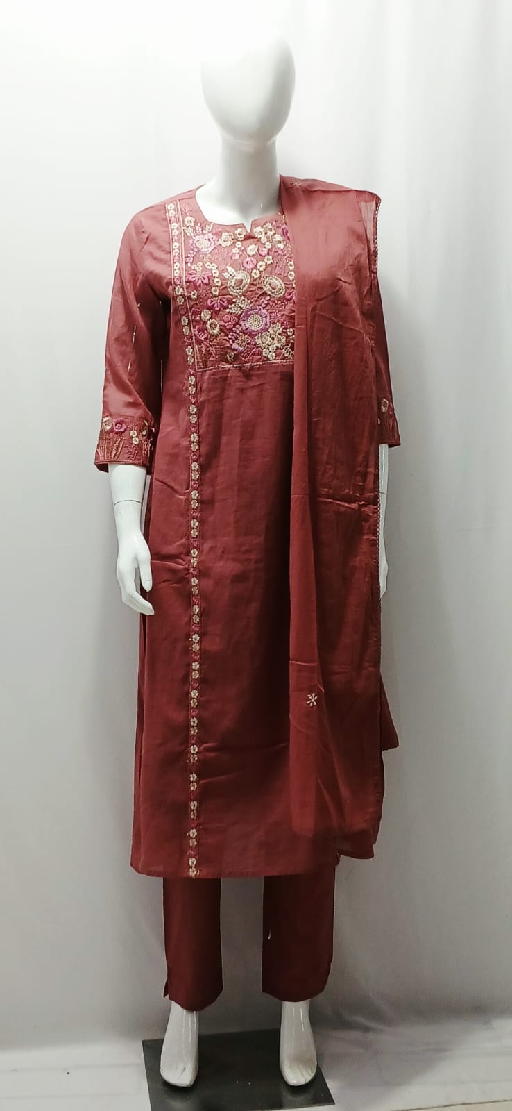 Women's Maroon Floral Embroidered Chanderi Kurta Set with Dupatta